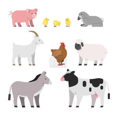 Illustration for Vector illustrations of farm animals. Cow and chicken, pig and hen, rooster and sheep - Royalty Free Image