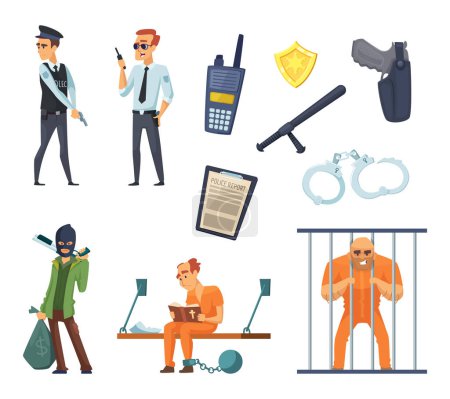 Ilustración de Personajes criminales y policías. Policía y seguridad, delito de robo, justicia para el ladrón, ilustración vectorial - Imagen libre de derechos