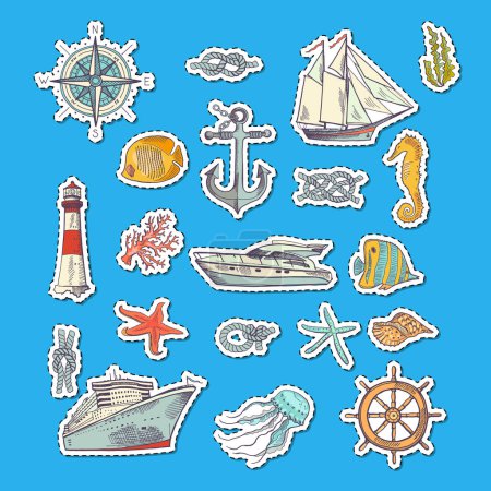 Ilustración de Vector colorido bosquejado mar elementos pegatinas. Ilustración del buque y del faro - Imagen libre de derechos