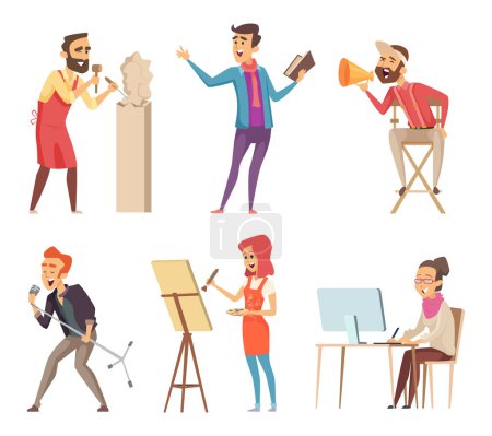 Illustration for Different characters of creative professions. Vector pictures in cartoon style. Drawing artist, painter and singer, sculptor illustration - Royalty Free Image