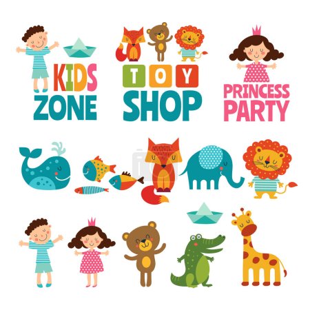 Ilustración de Divertidas ilustraciones de niños y animales. Logotipos vectoriales para niños. Logo de la tienda de juguetes, emblema de la zona infantil, cocodrilo y peces, jirafa y elefante ilustración - Imagen libre de derechos