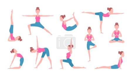 Illustration for Health concept pictures of female making yoga. Fitness exercises. Body position yoga, asana and stretching relax. Vector illustration - Royalty Free Image