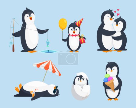 Illustration for Illustrations of baby pinguins in different poses. Vector cartoon pictures. Penguin baby, animal pinguin character with gift - Royalty Free Image