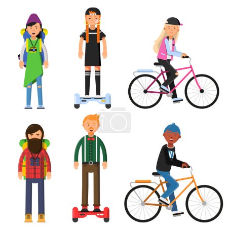 Illustration for Hipsters make a trip. Bicycles riders. Vector characters set. Illustration of hipster rider on gyroscope or bicycle, healthy transport activity - Royalty Free Image
