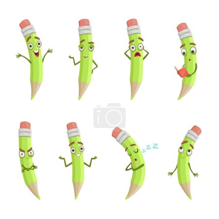 Illustration for Illustrations of cartoon pencils with different emotions. Cartoon pencil funny character, emotion face drawing vector - Royalty Free Image
