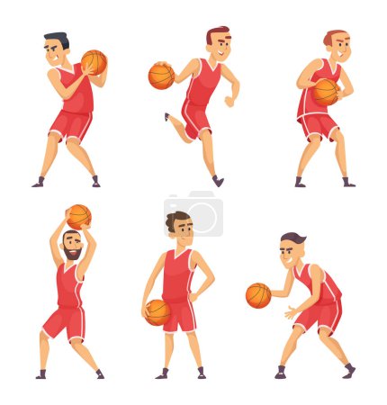 Illustration for Illustrations set of basketball players. Vector sport game team, action people dribble with ball - Royalty Free Image
