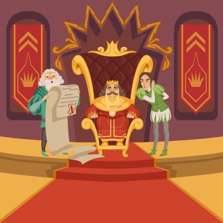 Téléchargez les illustrations : Roi sur le trône et sa suite. Jeu de personnages de bande dessinée. Vector roi sur le trône en couronne d'or illustration - en licence libre de droit