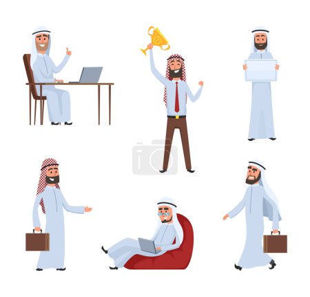 Ilustración de Los pueblos saudíes trabajando. Personajes de dibujos animados árabes. Árabe saudí hombres personajes árabes hombres de negocios. Ilustración vectorial - Imagen libre de derechos