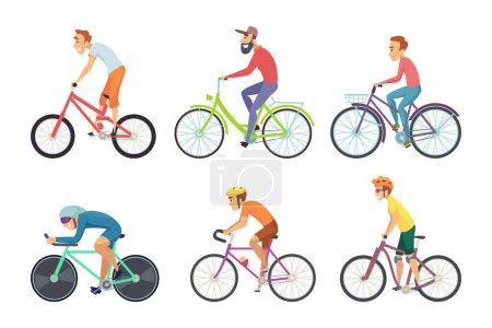 Téléchargez les illustrations : Ensemble de sportifs cyclistes. Personnages de bande dessinée conduisant différents vélos. Vélo de sport, mode de vie du vélo d'activité, illustration vectorielle - en licence libre de droit