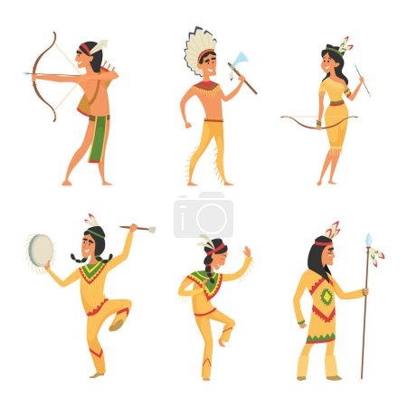 Illustration for Set characters in cartoon style. Traditional American indians. Character traditional american culture, ethnic costume with feather. Vector illustration - Royalty Free Image