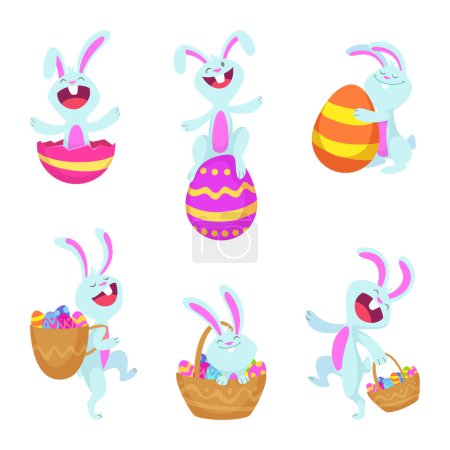 Téléchargez les illustrations : Définir les caractères des lapins de Pâques. Lapin avec panier et oeufs colorés. Illustration vectorielle - en licence libre de droit