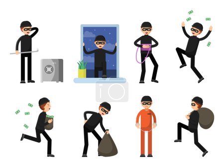 Conjunto de personajes criminales aislados en blanco. Personaje criminal vectorial, ladrón de crímenes, ladrón y ladrón ilustración
