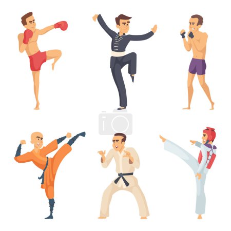 Ilustración de Los personajes deportivos en acción posan. Combatientes de karate Taekwondo. Conjunto de pose deporte de arte marcial, ilustración vectorial - Imagen libre de derechos
