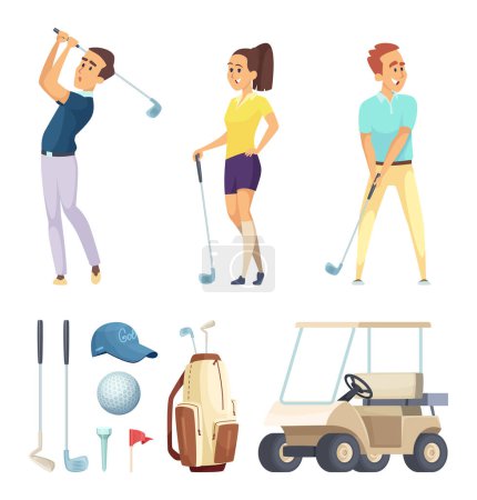 Illustration for Sport characters and various tools for golf players. Vector cartoon mascots. Illustration of sport player golf, leisure golfer, play and recreation - Royalty Free Image