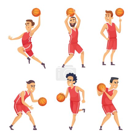 Ilustración de Ilustraciones deportivas. Personajes conjunto de equipo de baloncesto. Jugador de equipo con vector de bola - Imagen libre de derechos