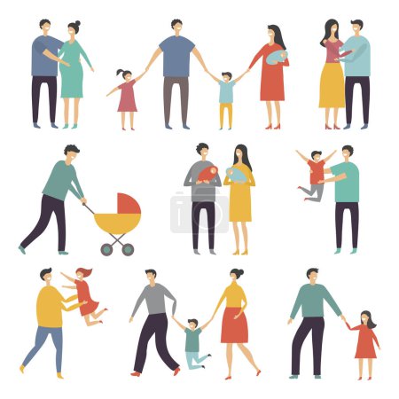 Ilustración de Ilustraciones estilizadas de familia feliz. Adultos y niños. Familia vectorial juntos padre y madre - Imagen libre de derechos