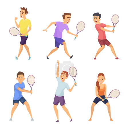 Téléchargez les illustrations : Plusieurs joueurs de tennis. Caractères vectoriels en action pose. Illustration joueur de sport tennis avec raquette, action masculine et féminine - en licence libre de droit