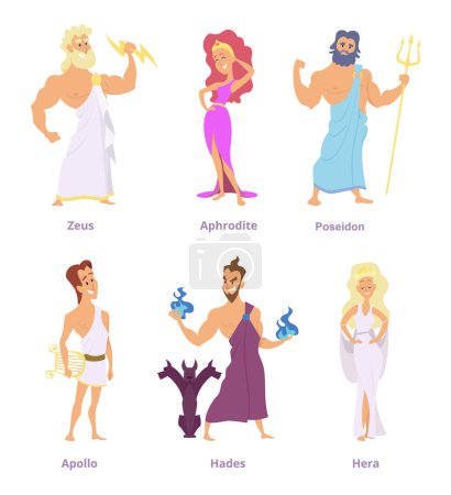 Illustration for Ancient greek mythology. The gods and goddesses of olympus. Cartoon funny characters zeus and aphrodite, poseidon and apollo, hades and hera. Vector illustration - Royalty Free Image