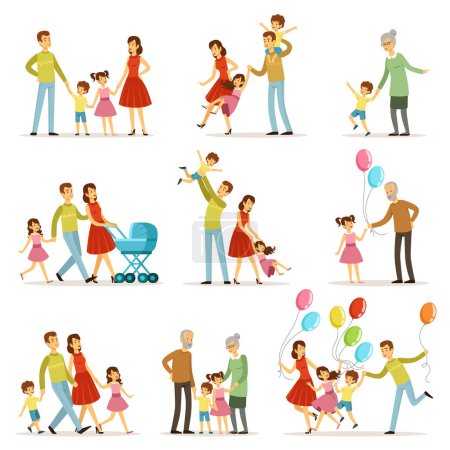 Illustration for Big happy family with mother, father, grandmother and grandfather. Two smiling kids. Vector characters together happy family illustration - Royalty Free Image