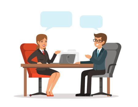 Illustration for Business conversation. Man and woman at the table. Vector concept picture in cartoon style. Woman character person conversation with businessman illustration - Royalty Free Image