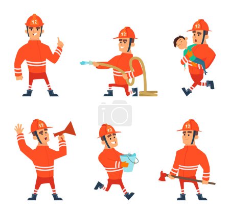 Illustration for Cartoon characters of firefighters in action poses. Vector firefighter emergency, illustration of fireman - Royalty Free Image