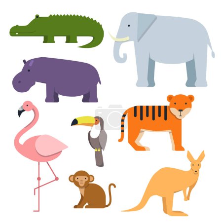 Illustration for Cartoon clipart of wild animals. Australian fauna animal wild, mammal character, monkey and flamingo, hippopotamus and kangaroo. Vector illustration - Royalty Free Image