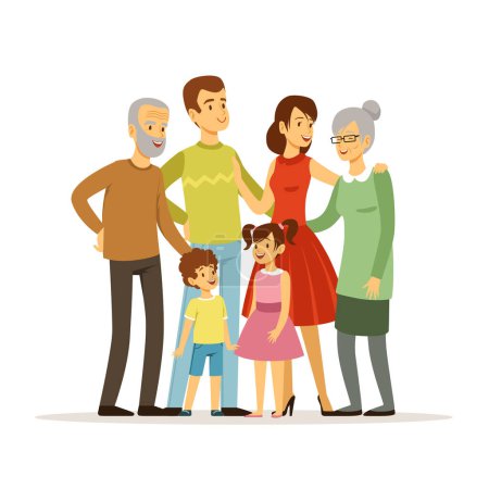 Ilustración de Ilustración vectorial de gran familia con madre, padre, abuela y abuelo. Las personas sonrientes que están en acción posan. Madre y abuelo abuela, padre e hijo - Imagen libre de derechos