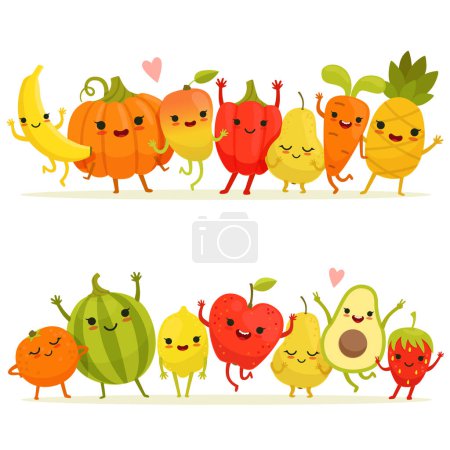 Illustration for Cartoon fruits and vegetables in group. Vector happy mascots with smiling faces. Happy fruit and vegetable, illustration of cartoon character natural fruits - Royalty Free Image