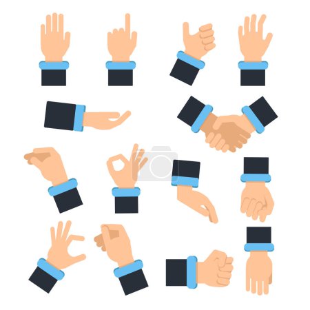 Illustration for Holding hands in different action poses. Grabbing, taking and other. Vector pictures in flat style finger and hand pose illustration - Royalty Free Image