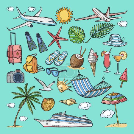 Illustration for Different hand drawn coloring summer icons set. Tropical illustrations. Slippers, cocktail, bikini and other vacation ellements. Ice cream and camera, travel tropical with cocktail and beach - Royalty Free Image