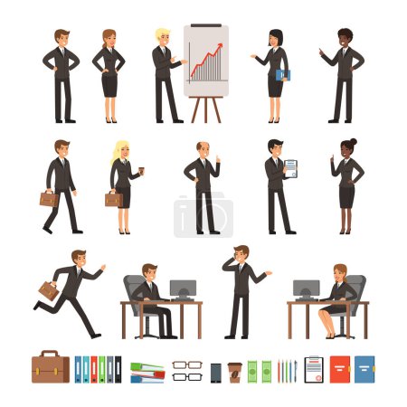 Illustration for Characters design set business people man and woman, office workers directors, professional teams. Mascots in different action poses. Character professional employee and manager worker illustration - Royalty Free Image
