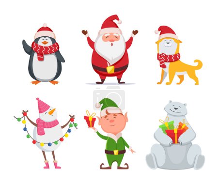 Illustration for Christmas characters in cartoon style. Santa, yellow dog, elf. Penguin and snowman. Holiday cute bear and santa claus. Vector illustration - Royalty Free Image
