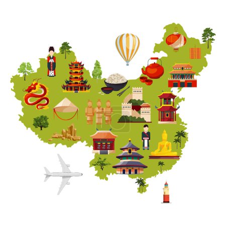 Téléchargez les illustrations : Illustration de voyage chinoise avec différents objets culturels. Carte vectorielle en style dessin animé. Chine carte pour le tourisme et les voyages - en licence libre de droit