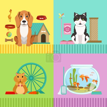 Illustration for Conceptual illustrations of different pets. Dog, cat, hamster and fishes. Vet room in cartoon style with cute animals dog and cat - Royalty Free Image
