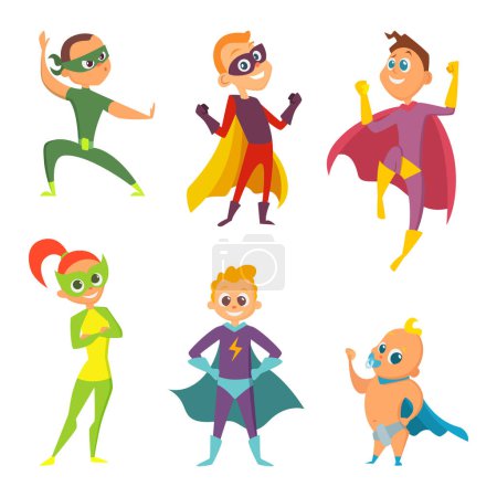 Ilustración de Disfraz de superhéroes niños. Ilustraciones de dibujos animados de niños en acción plantea. Superhéroe traje niño y niña vector - Imagen libre de derechos