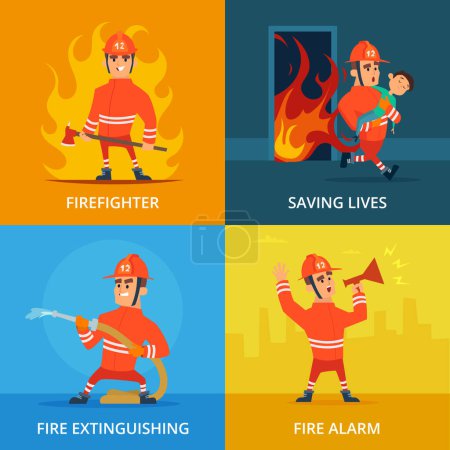 Téléchargez les illustrations : Images conceptuelles des pompiers et du matériel de travail. Pompiers et protection incendie, illustration vectorielle - en licence libre de droit