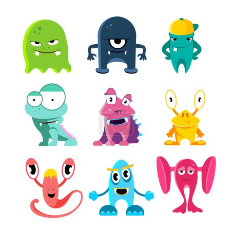 Illustration for Cute cartoon monsters, vector funny characters with spooky eyes - Royalty Free Image
