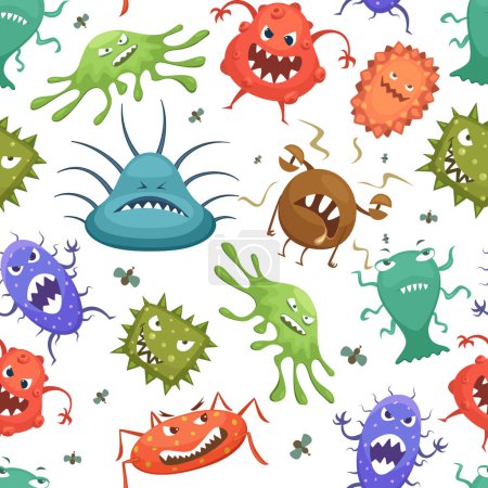 Illustration for Dangerous. Streptococcus lactobacillus staphylococcus and others microbes in cartoon style. Vector seamless pattern microbe and virus bacterium illustration - Royalty Free Image