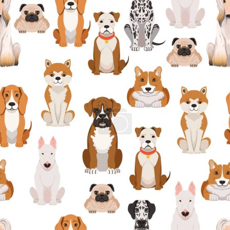 Illustration for Different dogs in cartoon style. Vector seamless pattern with dog cartoon, illustration of animal pet - Royalty Free Image
