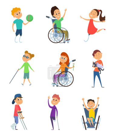 Ilustración de Personas con discapacidad. Silla de ruedas para niños. Niños con discapacidad. Personajes vectoriales en estilo de dibujos animados. Niño discapacitado en silla de ruedas, ilustración de niños discapacitados de carácter - Imagen libre de derechos