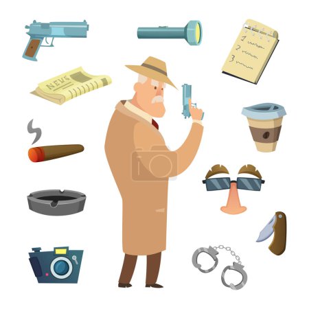 Ilustración de Diferentes herramientas para detective. Iconos vectoriales en estilo de dibujos animados. Detective criminal, investigación e ilustración agente espía - Imagen libre de derechos