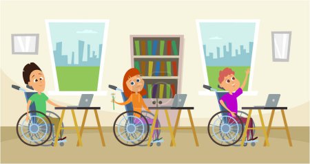 Illustration for Disabled people in wheelchair sitting at the school desk. Kids in school. Illustration of education school, person in wheelchair vector - Royalty Free Image