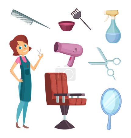 Illustration for Female barber at work. Stylist with different tools for barbershop. Fashion pictures in cartoon style. Hairdresser and comb mirror scissor, armchair workplace. Vector illustration - Royalty Free Image