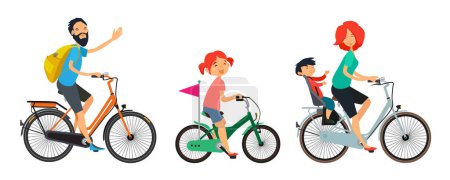 Ilustración de Familia en bicicleta a pie. Hombre y mujer montando en bicicleta. Deporte familiar estilo de vida mujer y hombre con hijos. Ilustración vectorial - Imagen libre de derechos