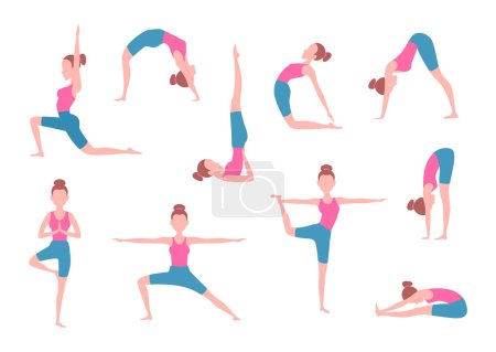 Téléchargez les illustrations : Femme faisant des exercices de yoga dans différentes poses. Vecteur yoga corps fille position, exercice pour la santé et de détente illustration - en licence libre de droit