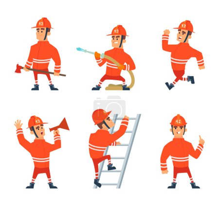 Téléchargez les illustrations : Pompier sur le chantier. Différentes actions pose personnage de pompier de bande dessinée, pompier en uniforme, illustration vectorielle - en licence libre de droit