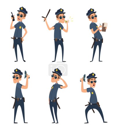 Illustration for Funny cartoon characters of policemen in action poses. Man policeman in situation, cop pose various illustration - Royalty Free Image
