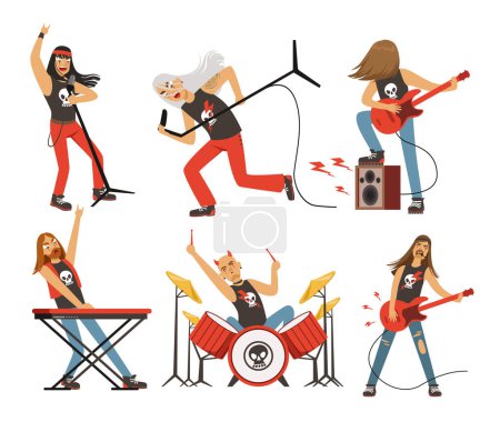 Illustration for Funny cartoon characters in rock band. Musician in famous pop group. Vector rock group with singer and musical guitarist illustration - Royalty Free Image