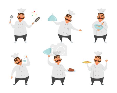 Illustration for Funny characters of chef in action poses. Vector illustrations in cartoon style. Chef cartoon cooking in restaurant - Royalty Free Image