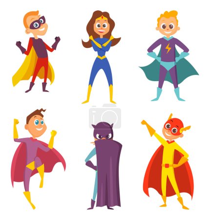 Illustration for Funny childrens. Superheroes boys and girls in action poses. Cartoon characters set isolate on white. Superhero girl and boy in colored costume. Vector illustration - Royalty Free Image